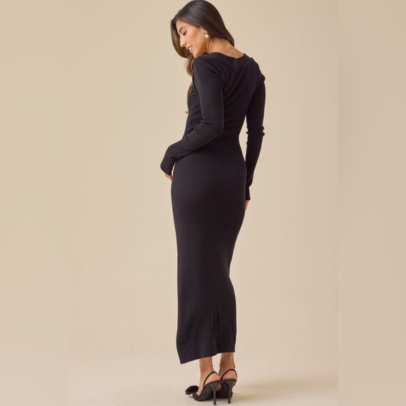 NEW HYFVE Black Ribbed Knit Maxi Dress Side Slit Square Neck Bodycon Size  Small